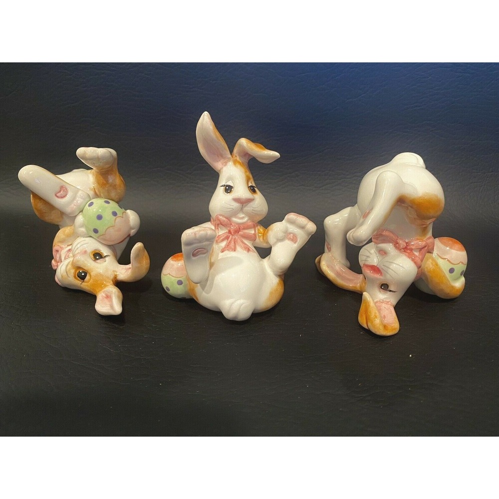 Easter Bunny Figurines LOT of 3 Long Ear Ribbon Bow and Hearts on Toes - EASTER